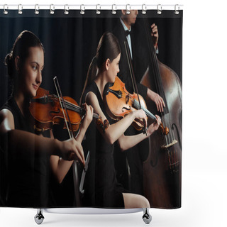 Personality  Trio Of Musicians Playing On Double Bass And Violins Isolated On Black Shower Curtains