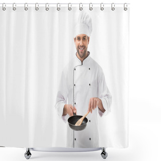 Personality  Smiling Young Chef Holding Frying Pan And Wooden Spatula Isolated On White Shower Curtains