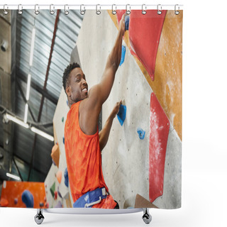 Personality  Cheerful African American Man Smiling Happily At Camera While Climbing Up Rock Wall, Bouldering Shower Curtains
