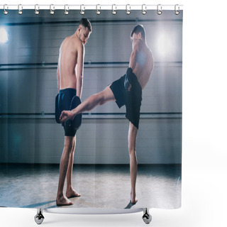 Personality  Back View Of Strong Muscular Barefoot Mma Fighter Practicing Low Kick With Another Sportsman  Shower Curtains