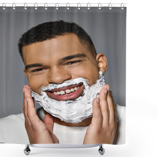 Personality  African American Cheerful Man Closely Shaves His Face As Part Of A Skincare Routine. Shower Curtains