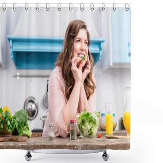 Personality  Overweight Smiling Woman At Table With Fresh Salad In Kitchen At Home Shower Curtains