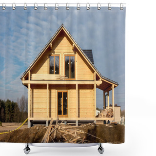 Personality  Building A House With Wooden Logs, Shower Curtains