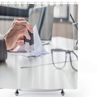 Personality  Cropped View Of Businesswoman Putting Stamp In Document At Workplace On Blurred Background Shower Curtains