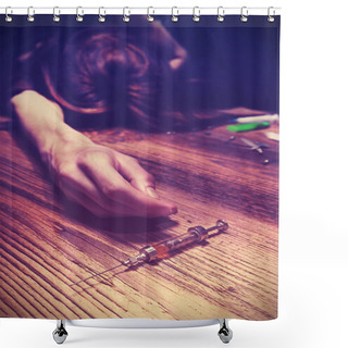 Personality  Vintage Toned Photo Of An Unconscious Drug Addict. Shower Curtains