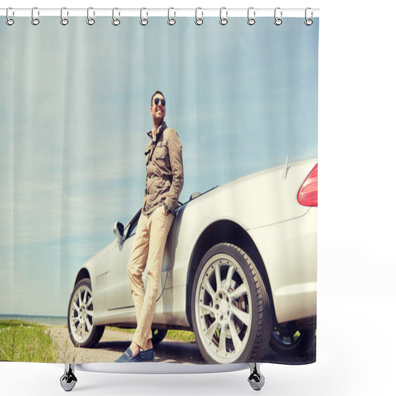 Personality  happy man near cabriolet car outdoors shower curtains