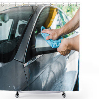 Personality  Cropped View Of Man Cleaning Wet Car Mirror With Blue Rag  Shower Curtains