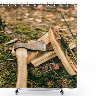 Personality  Vertical View Of Pile Of Chopped Firewood On Ground With Ax In Autumn Forest Shower Curtains