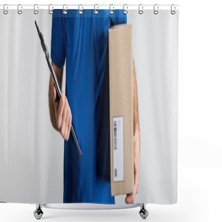 Personality  Panoramic Shot Of Courier Holding Clipboard And Cardboard Box Isolated On Grey Shower Curtains