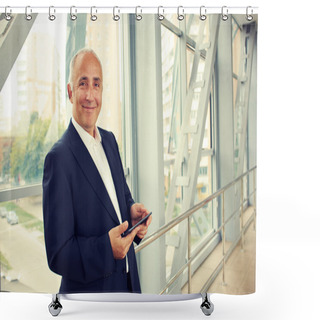 Personality  Man Holding Tablet Pc Shower Curtains