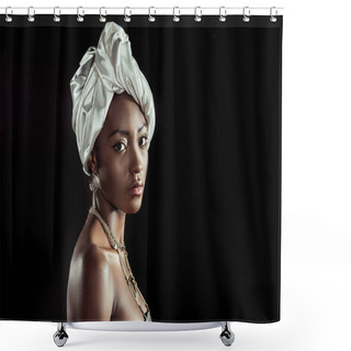 Personality  Attractive African American Woman In White Wire Head Wrap Isolated On Black Shower Curtains