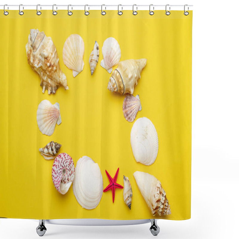 Personality  Summer sale. White seashells, red starfish in shape frame isolated on yellow background. Hello Summer is coming concept shower curtains