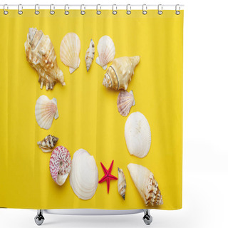 Personality  Summer Sale. White Seashells, Red Starfish In Shape Frame Isolated On Yellow Background. Hello Summer Is Coming Concept Shower Curtains