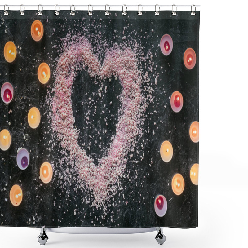 Personality  Top View Of Heart Shaped Pink Sea Salt And Candles On Black Marble Surface, Aroma Therapy Concept Shower Curtains