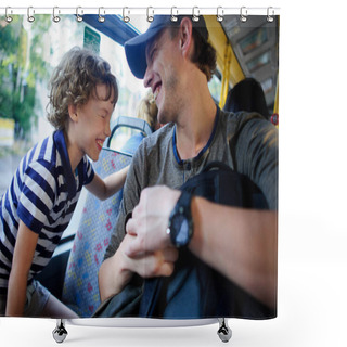 Personality  The Young Man Goes By The Bus Together With The Son. Shower Curtains
