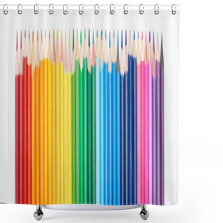 Personality  Panoramic Shot Of Rainbow Spectrum Made With Straight Row Of Color Pencils Isolated On White Shower Curtains