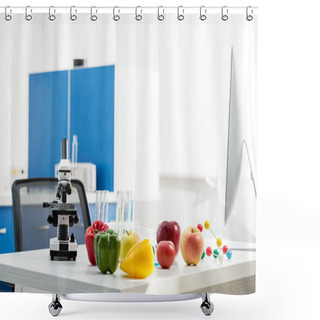 Personality  Microscope, Fruit, Vegetables, Test Tubes On Table In Lab  Shower Curtains