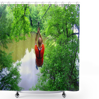Personality  A Man Ziplining Across A River In The Summer Near Lums Pond State Park, Delaware, U.S.A Shower Curtains