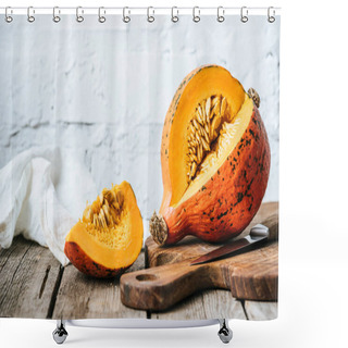 Personality  Close Up View Of Cut Pumpkin On Cutting Board On Wooden Surface And White Brick Wall Background Shower Curtains