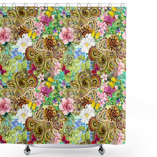 Personality  Flowers, Butterflies And Golden Arabic Ornament. Watercolor Seamless Pattern Shower Curtains