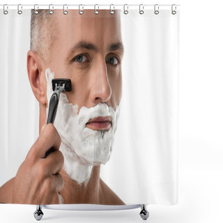 Personality  Close Up Portrait Of Man With Foam On Face Shaving With Razor Isolated On White Shower Curtains