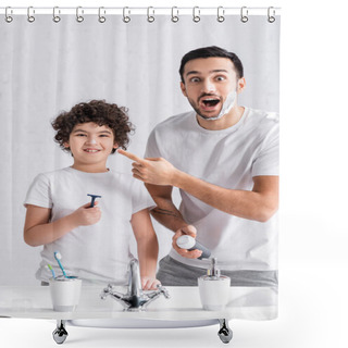 Personality  Excited Muslim Man Holding Shaving Foam Near Smiling Son With Razor In Bathroom  Shower Curtains