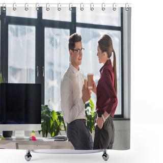 Personality  Young Attractive Colleagues With Paper Cups Of Coffee Talking And Flirting At Office Shower Curtains