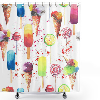 Personality  Beautiful Bright Colorful Delicious Tasty Yummy Cute Summer Dessert Frozen Juice Ice Cream In A Waffle Horn Candies On A Sticks Pattern Watercolor Hand Illustration Shower Curtains