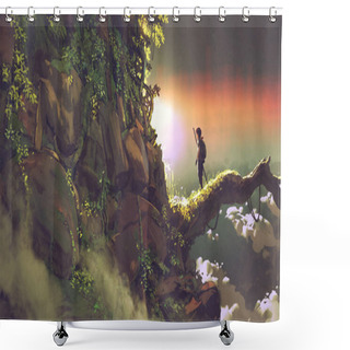 Personality  Man Standing On A Giant Branch Looking At Sunset On The Horizon, Digital Art Style, Illustration Paintin Shower Curtains