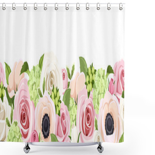 Personality  Horizontal Seamless Background With Colorful Roses, Anemones And Hydrangea Flowers. Vector Illustration. Shower Curtains