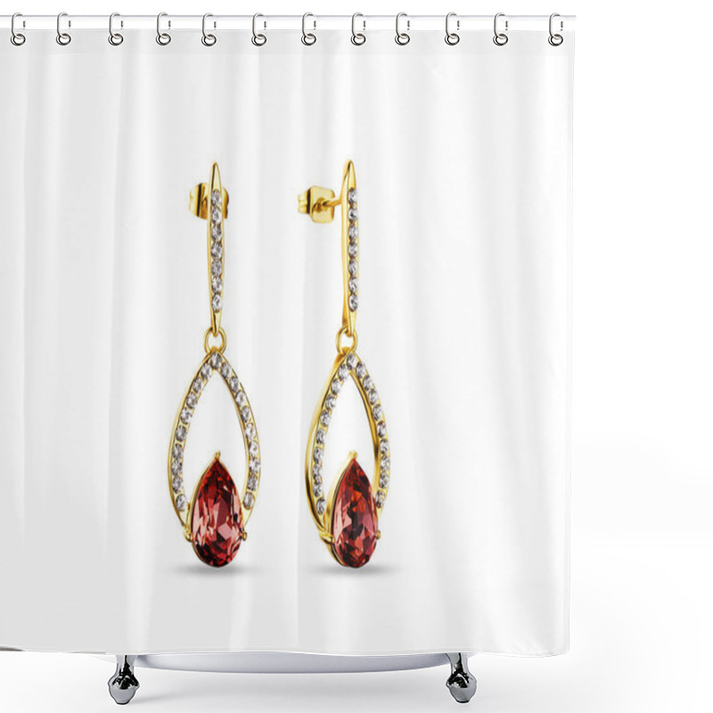 Personality  Golden Earrings With Red Crystals On White Background, Jewelry Shower Curtains
