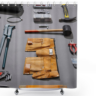Personality  High Angle View Of Tool Belt, Hammers, Monkey Wrench, Putty Knife, Pliers, Calipers, Rivet Gun, Angle Keys And Stapler On Grey Background Shower Curtains