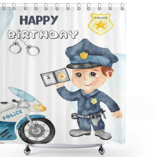 Personality  Boy Police Officer And Motorcycle. Happy Birthday Watercolor Card Shower Curtains
