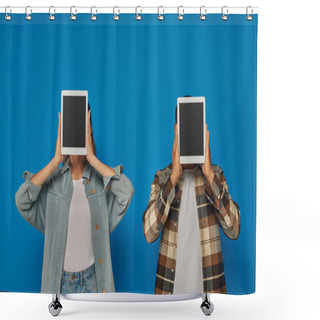 Personality  Interracial Man And Woman Obscuring Face With Digital Tablets On Blue Backdrop, Blank Touch Screen Shower Curtains