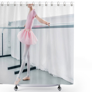 Personality  Cropped Shot Of Adorable Little Ballerina In Pink Tutu Practicing In Ballet Studio Shower Curtains