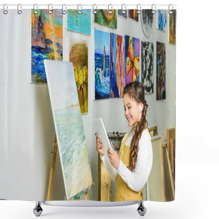 Personality  Kid Using Tablet In Workshop Of Art School Shower Curtains