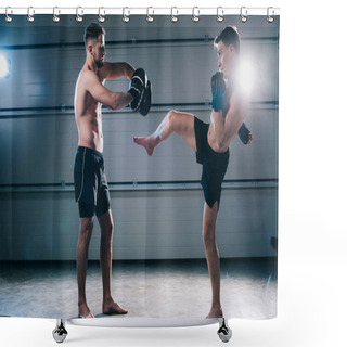 Personality  Strong Muscular Shirtless Mma Fighter Practicing High Kick With Another Sportsman  Shower Curtains