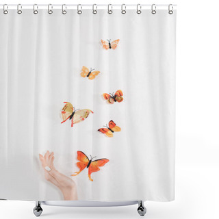 Personality  Cropped View Of Female Hand Near Butterflies Flying On White Background, Environmental Saving Concept  Shower Curtains