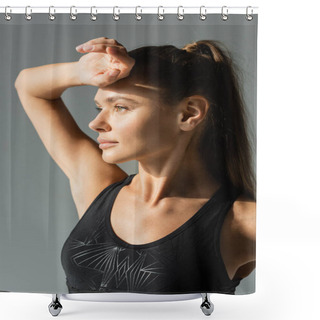 Personality  Portrait Of Sportswoman In Modern Sports Bra Looking Away Isolated On Grey, Active Lifestyle Shower Curtains