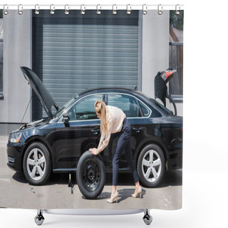 Personality  Businesswoman Rolling New Wheel And Fixing Broken Auto, Car Insurance Concept Shower Curtains