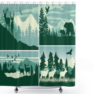Personality  Mountain Forest Animal Wildlife Landscape Vector Outdoor Adventure Silhouette Labels Collection Shower Curtains