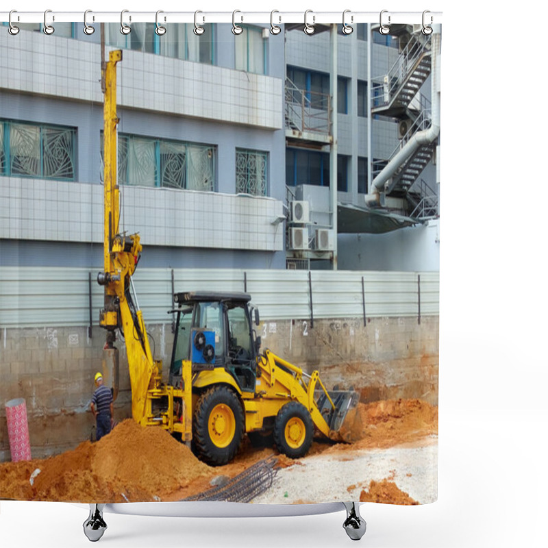 Personality  Bulldozer With Bore Pile Rig At The Construction Site Shower Curtains