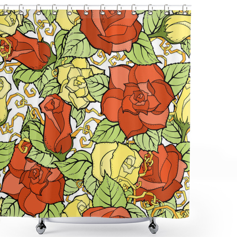 Personality  Seamless Colorful Pattern With Stylized Red, Yellow Roses Abstract Flowers. Shower Curtains