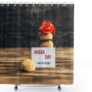 Personality  Card With Anzas Day Lettering Near Artificial Flower And Cookies On Wooden Surface  Shower Curtains