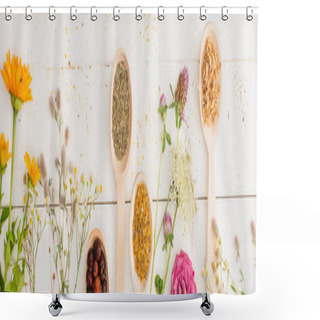 Personality  Panoramic Shot Of Herbs In Spoons And Flowers On White Wooden Background, Naturopathy Concept Shower Curtains