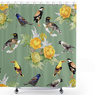 Personality  Yellow Peonies And Different Birds  Shower Curtains
