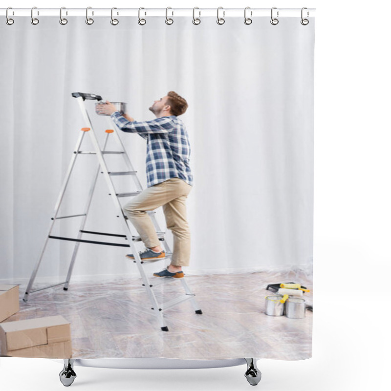 Personality  Full Length Of Young Man With Pot Standing On Ladder Under Leaking Ceiling At Home Shower Curtains