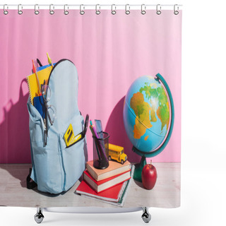 Personality  Blue Backpack With School Supplies Near Globe, Books, Pen Holder, Fresh Apple And School Bus Model On Pink Shower Curtains