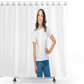 Personality  Attractive Asian Female In White T-shirt And Blue Jeans Holding Hand On Hip Isolated On White Shower Curtains
