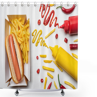 Personality  Top View Of Hot Dog And Fries With Mustard And Ketchup On White Surface Shower Curtains